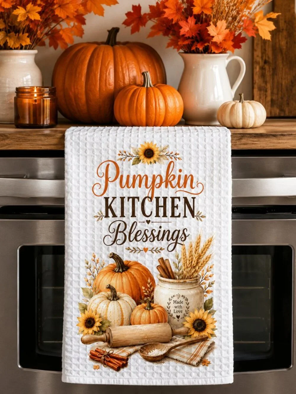 Pumpkin Kitchen Blessing Towel Set, Autumn Dish Towel, Fall Hand Towel